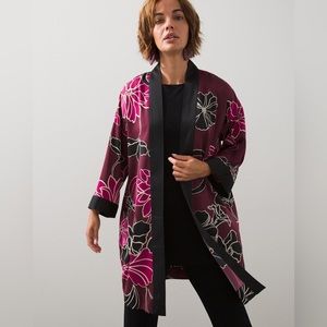 Chico’s Travelers Collection Print Kimono L/XL Satin Dark Floral Like New